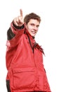 Young man sailor in red wind jacket. Sailing. Royalty Free Stock Photo