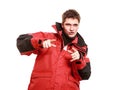 Young man sailor in red wind jacket. Sailing. Royalty Free Stock Photo