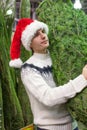 Young man in Santa hat buying christmas tree Royalty Free Stock Photo