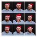 A young man in a santa hat. Collage, set. Black background. Square format Royalty Free Stock Photo