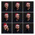 A young man in a santa hat. Collage, set. Black background. Square format Royalty Free Stock Photo