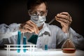 Young man scientist using auto-pipette with flask in medical science laboratory. Researcher concept. Royalty Free Stock Photo