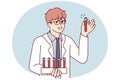 Young man scientist in white coat holds test tubes with blood samples for experiments. Vector image Royalty Free Stock Photo
