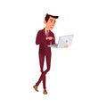 young man searching information on laptop cartoon vector