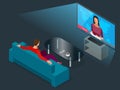Young man seated on the couch watching tv, changing channels. Flat 3d vector isometric illustration.