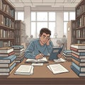 A young man is seated at a library table, surrounded by stacks of books. He is writing Royalty Free Stock Photo