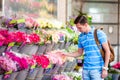 Young man selecting fresh flowers to his lovely girlfriend at european market Royalty Free Stock Photo