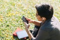 Man listening to music on his device Royalty Free Stock Photo