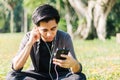 Man listening to music on his device Royalty Free Stock Photo
