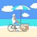 A young man sells ice cream on a Bicycle on the beach.
