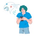 Young man sending message to mobile chat using phone, cartoon vector.