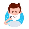 Young man shaving face with foam. Vector
