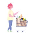 Young man with shopping cart filled food isolated design Royalty Free Stock Photo