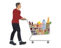 Young man with shopping cart full of food and drinks Royalty Free Stock Photo