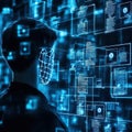 A young man with short dark hair stands in front of a digital interface displaying blue data and facial recognition patterns. The Royalty Free Stock Photo
