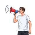 Young man shouting loudly using a megaphone while wearing a simple white t-shirt Royalty Free Stock Photo