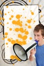 Young man shouting through megaphone in front of copy space with Royalty Free Stock Photo