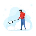 young man with a shovel cleans snow, vector. Cleaning the area from snow in a big snowfall. Flat illustration.