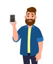 Young man holding a smartphone. Man showing a mobile phone or cell phone. Gadget and mobile concept illustration in vector cartoon