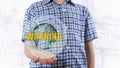 Young man shows a hologram of the planet Earth and text Warning Royalty Free Stock Photo