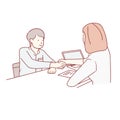 Young man signing contracts and handshake with manager. hand drawn vector art style