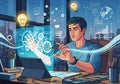 A young man sits at a desk, interacting with a virtual holographic interface. The futuristic setup Royalty Free Stock Photo