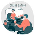 Young man sits in front of computer and talks with woman online. Girl and guy met online and build relationship at