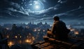 A young man sits on the roof of a house at night.