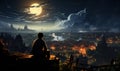 A young man sits on the roof of a house at night.