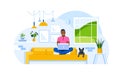 Afro American man sits on a sofa and works from home with a laptop. Living room with sofa. Flat vector illustration.