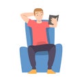 Young Man Sitting in Armchair and Reading Book Cartoon Style Vector Illustration Royalty Free Stock Photo