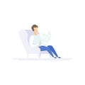 Young man sitting in armchair and reading newspaper, family lifestyle concept vector Illustration on a white background Royalty Free Stock Photo