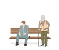 A young man sitting on a bench an old man approaches him. concept of human life. vector illustration. aging process. Royalty Free Stock Photo