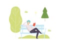 Young Man Sitting on Bench and Reading Book in Park, Guy Relaxing and Enjoying Nature Outdoors Vector Illustration Royalty Free Stock Photo