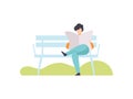 Young Man Sitting on Bench and Reading Newspaper in Park, Guy Relaxing and Enjoying Nature Outdoors Vector Illustration Royalty Free Stock Photo