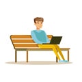 Young man sitting on a bench and working with laptop. Colorful character vector Illustration Royalty Free Stock Photo