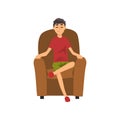 Young Man Sitting on Chair with Closed Eyes, Guy Spending Weekend at Home and Relaxing, Rest at Home Vector Illustration Royalty Free Stock Photo