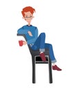 Young man sitting on a chair with a Cup of coffee. Vector illustration, isolated on white. Royalty Free Stock Photo