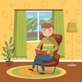 Young man sitting on the chair and reading a book, room interior vintage style home vector Illustration