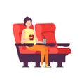 Young Man Sitting in Cinema Theatre and Watching Movie, Guy Eating Popcorn and Drinking Soda Drink in Cinema Hall Vector