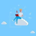 Young man sitting on the cloud working with laptop and smartphone. Concept of cloud computing technology and social network. Royalty Free Stock Photo