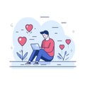 Young man sitting crosslegged using laptop surrounded floating hearts. Casual wear, freelancer