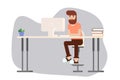 Young Man Sitting at the Desk and Using Keyboard and PC. Office Manager or Freelancer at Home for Business Infographics
