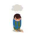 Young man sitting on floor with gray cloud of sad thoughts. Vector cartoon character in depression. Illustration of emotional Royalty Free Stock Photo