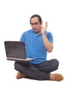 Young Man Sitting on Floor and Typing on Laptop, Shocked Gesture Royalty Free Stock Photo