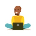 Young man sitting on the floor and using laptop. Colorful character vector Illustration