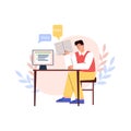 Young man sitting in front of computer monitor with written summary flat style
