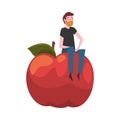 Young Man Sitting on Giant Apple, Male Farmer Character with Natural Organic Fruit Vector Illustration