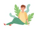 Young Man Sitting on the Ground with Floral Leaves Behind Vector Illustration