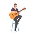 Young Man Sitting on High Chair Playing Acoustic Guitar, Musician Guitarist Character Performing at Concert Cartoon